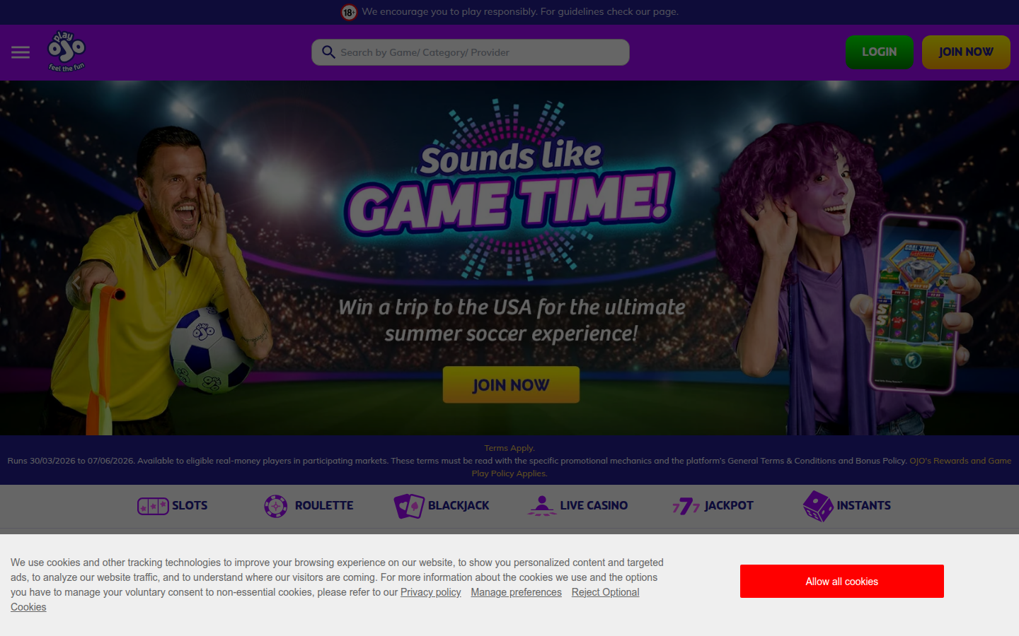 PlayOJO Casino Ireland zero wagering bonus homepage